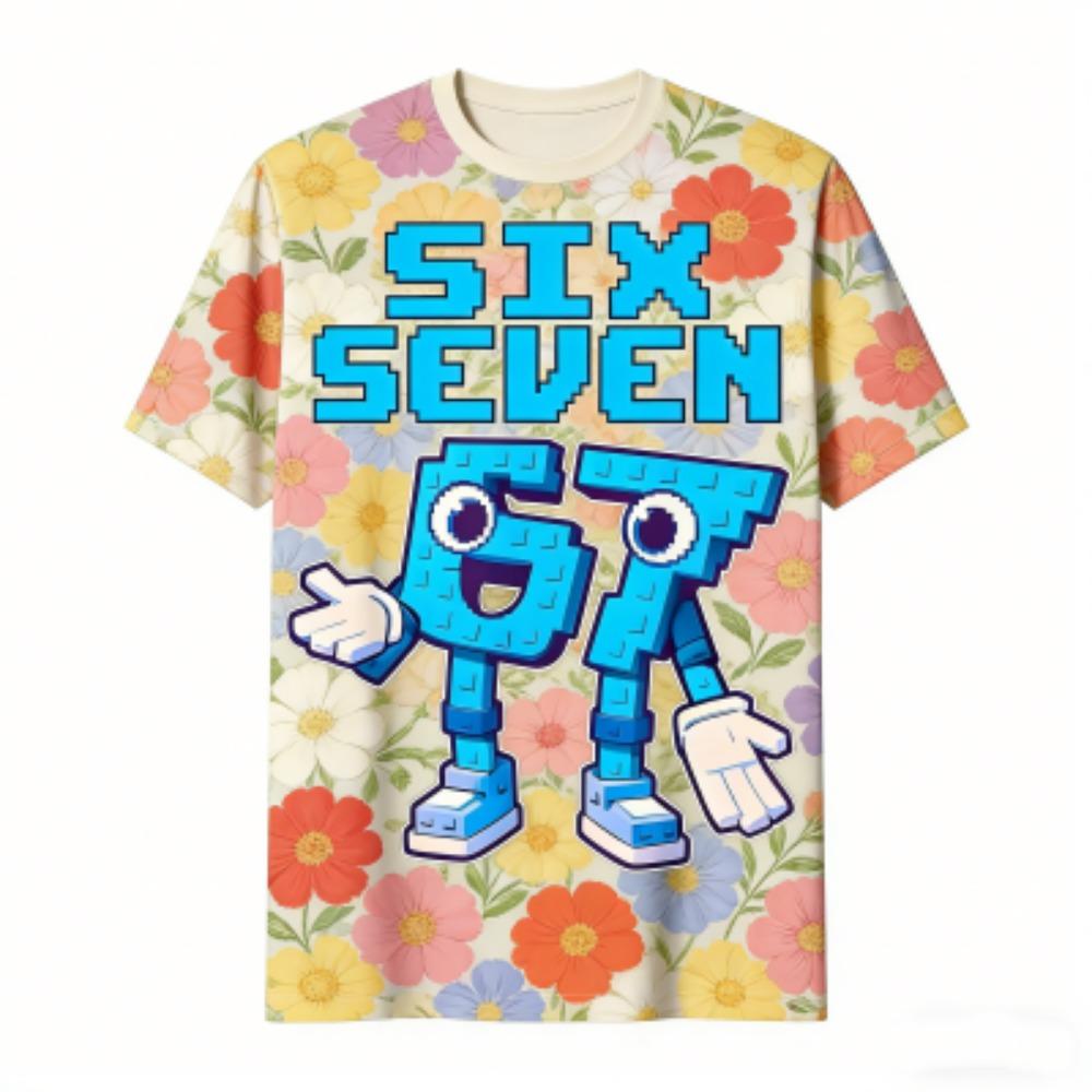Men's T-Shirt 67 Six Seven Flower Print Men's and Women's Tees Top Summer Short Sleeve O Neck Casual Outdoor Men's Clothing