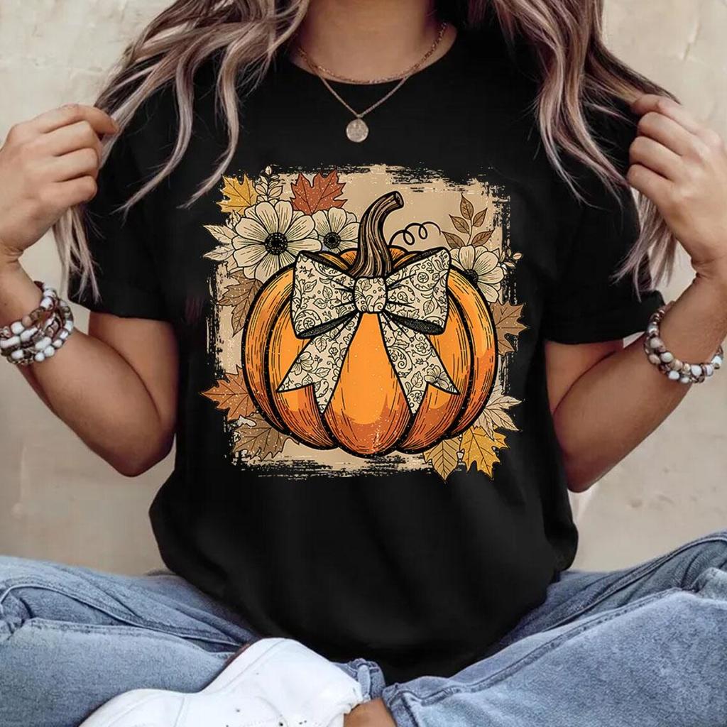 Preppy Floral Pumpkin Harajuku Tshirt Female Fashion Retro Tshirt Oversized Tshirt Casual Style Street Trend Graphic Y2K