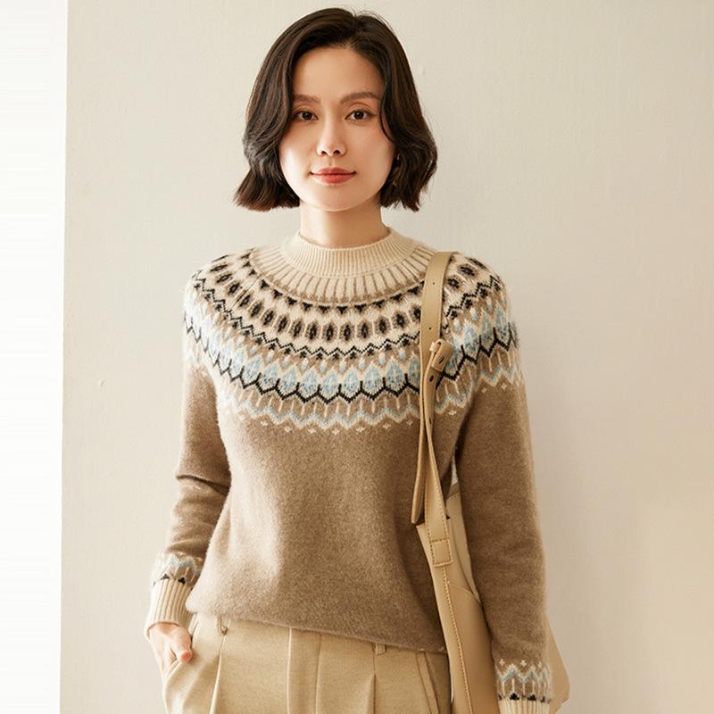 Elegant Fair Isle Jacquard Cashmere Sweater - Autumn/Winter 2026, Half-Neck, Loose & Slimming Design