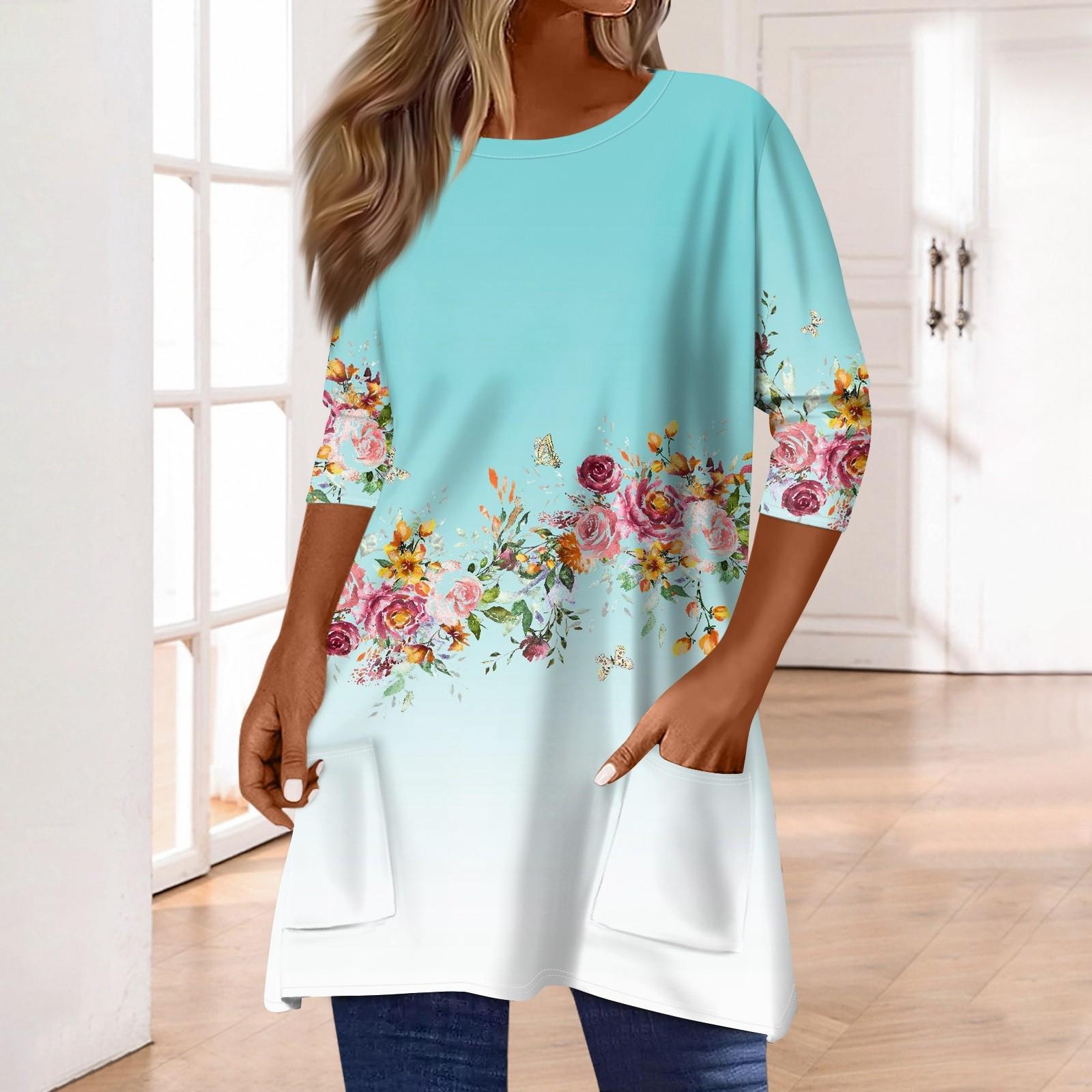 

3/4 рукава кармана топы для женщин футболка повседневный принт средней длины топы футболка круглый вырез пуловер блузка XXXL