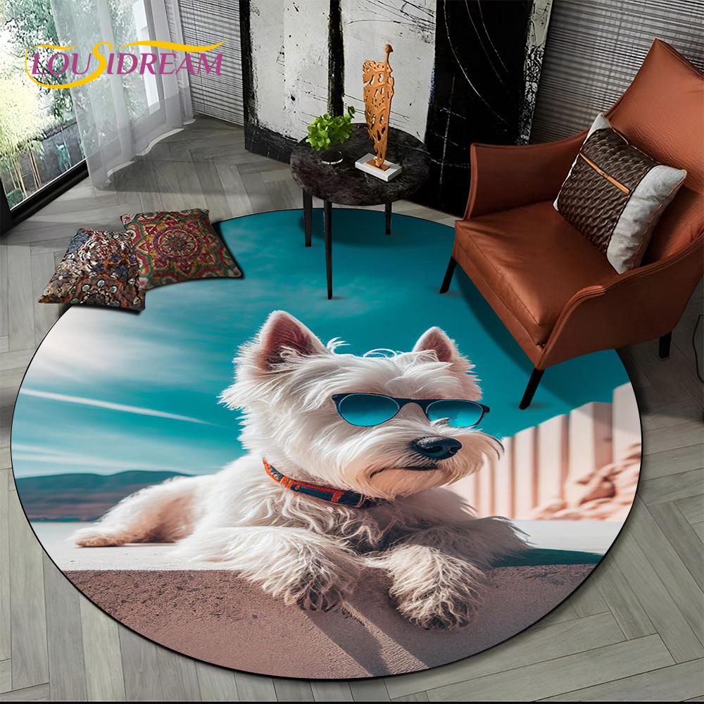 Cute Dog Samoye,Chihuahua,Koki Pomeranian Cartoon Round Carpet Rug for Living Room Bedroom Decor,kids Pet Area Rug Non-slip Mat