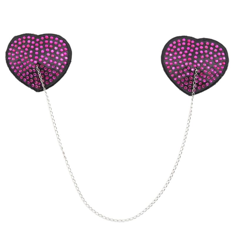 Women Adhesive Nipple Cover Rhinestones Heart Pasties with Metal Chain Reusable Chest Stickers Breast Cover Bra Petals