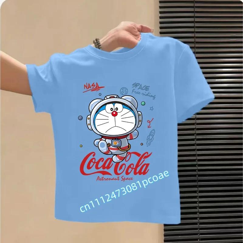 Doraemon Children's Pure Polyester Short-Sleeved Boys' Sports Shirt, Girls' Casual Top, Big Bear Cartoon Print Summer T-Shirt