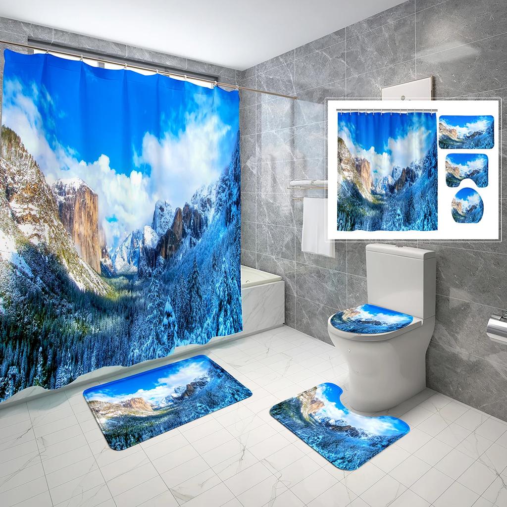 Snow Mountain Shower Curtain Set Waterproof Winter Natural Scenery Shower Curtain With Hook Non-Slip Bath Mat Toilet Lid Cover