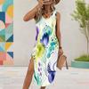 Women Plus Size U Neck Sleeveless Tie Dye Printed Beige Brown High Side Slit Curved Hem Dress