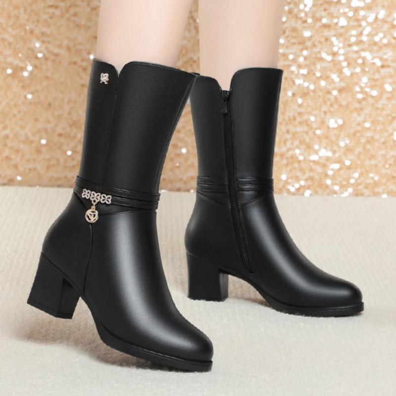 Women's Mid-calf Boots, Women's Boots, Middle-aged Cotton Boots, Soft-soled Fleece-lined Leather Shoes, Autumn and Winter Boots