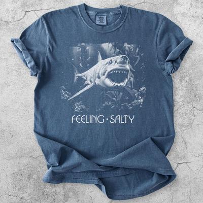Feeling Salty T-Shirt, Shark Ocean Graphic, Coastal Vacation Beach Day Tee, Saltwater Seaside Resort Boat Trip Shirt