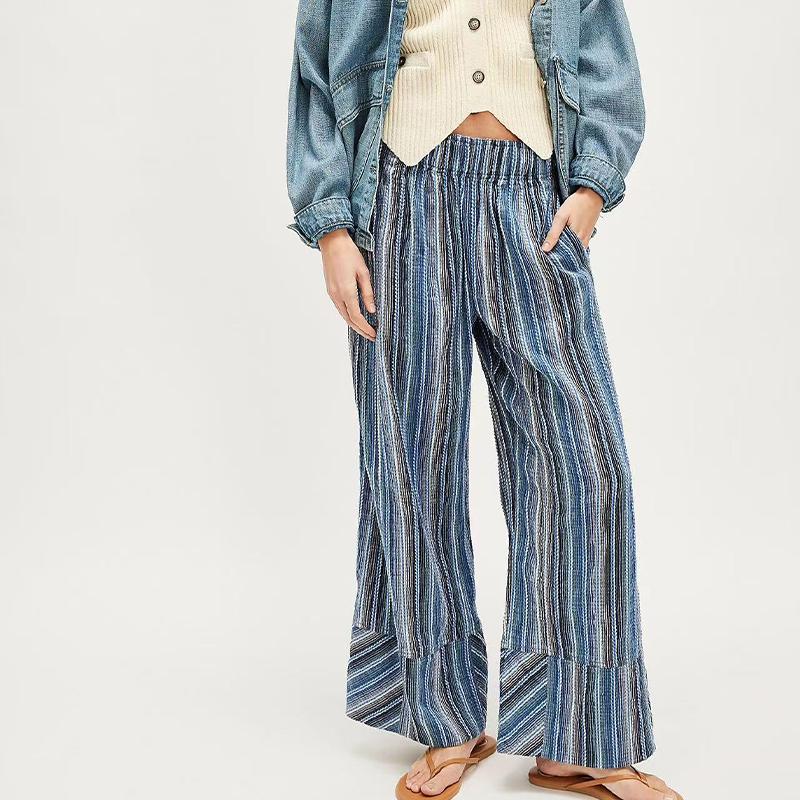 

Women s Striped Wide Leg Palazzo Pants Elastic High Waisted Baggy Loose Long Trousers XL синій