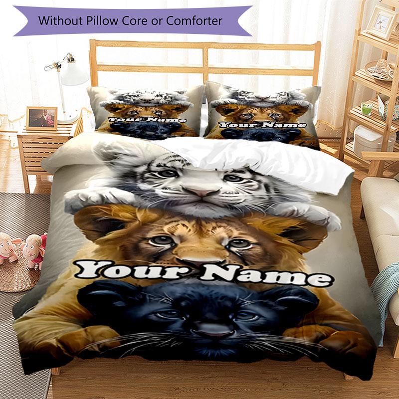 3PC Custom Name Tiger, Lion, Panther Stack Bedding Set Duvet Cover Closure Includes 1 Duvet Cover & 2 Pillowcases for Bedroom