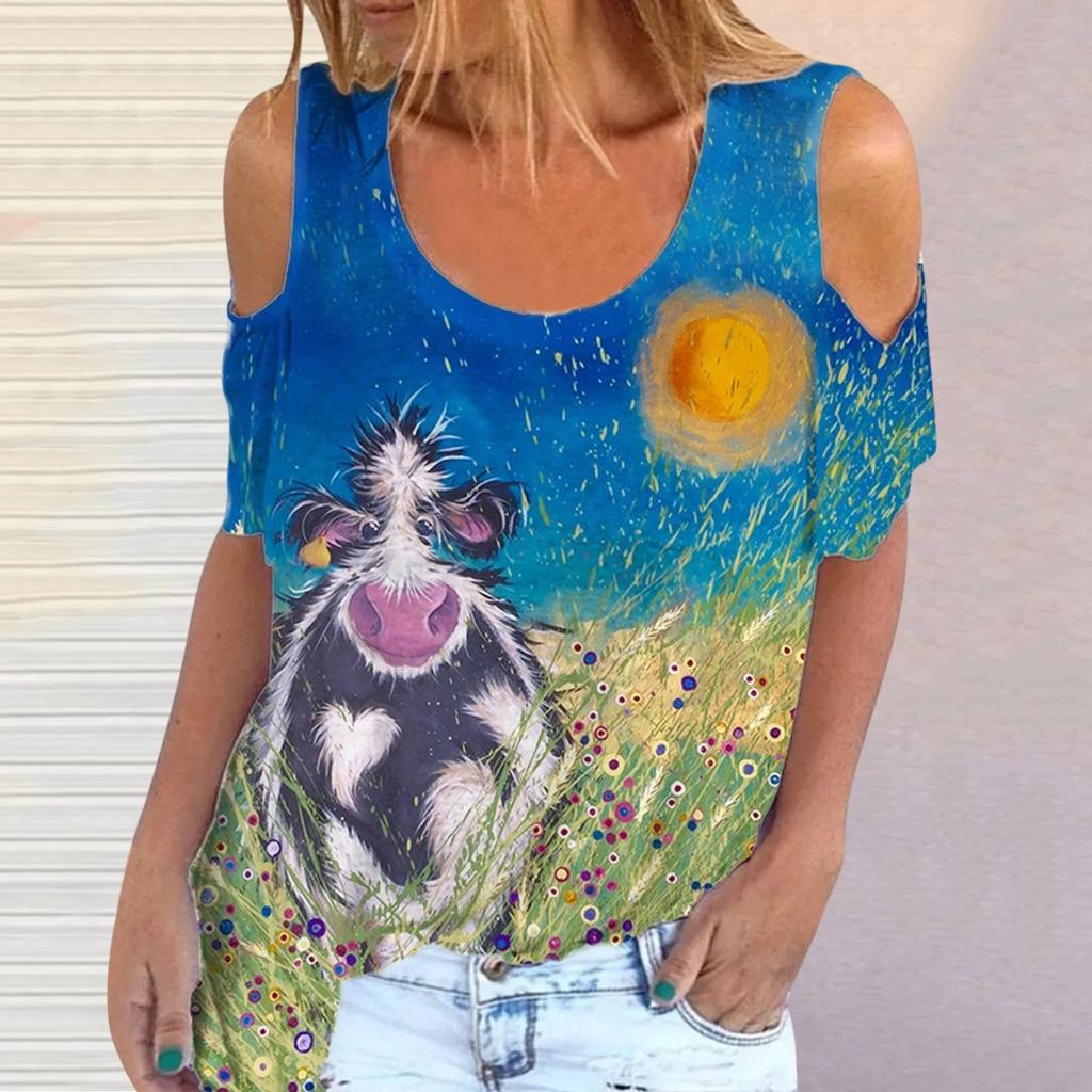 Womens Sexy  Collar Color 3D Printed Short Sleeve Fold Casual Blouse Tops