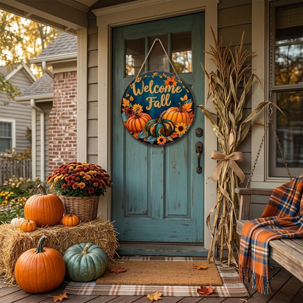 Rustic Welcome Fall Round Wooden Sign Vintage Style Autumn Harvest Wall Decor Thanksgiving