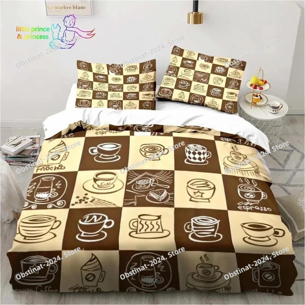 Coffee Pattern Bedding Set Printed Duvet Cover Sheet Pillowcase Bed Soft Quilt Cover Full Queen King Size Adult Kid Bedroom Gift