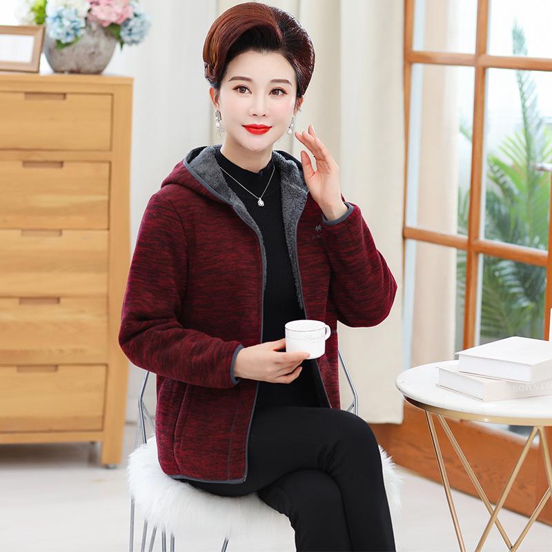 Grandma Autumn and Winter Cardigan Hooded Sweater Middle-aged and Elderly Sportswear Women's Jacket Mother Women's Plus Velvet Clothes