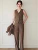 Women's Dark Brown Lyocell Blazer with Wide-Leg Pants Three-Piece Business Set