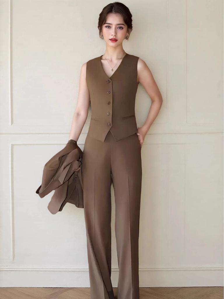Women's Dark Brown Lyocell Blazer with Wide-Leg Pants Three-Piece Business Set