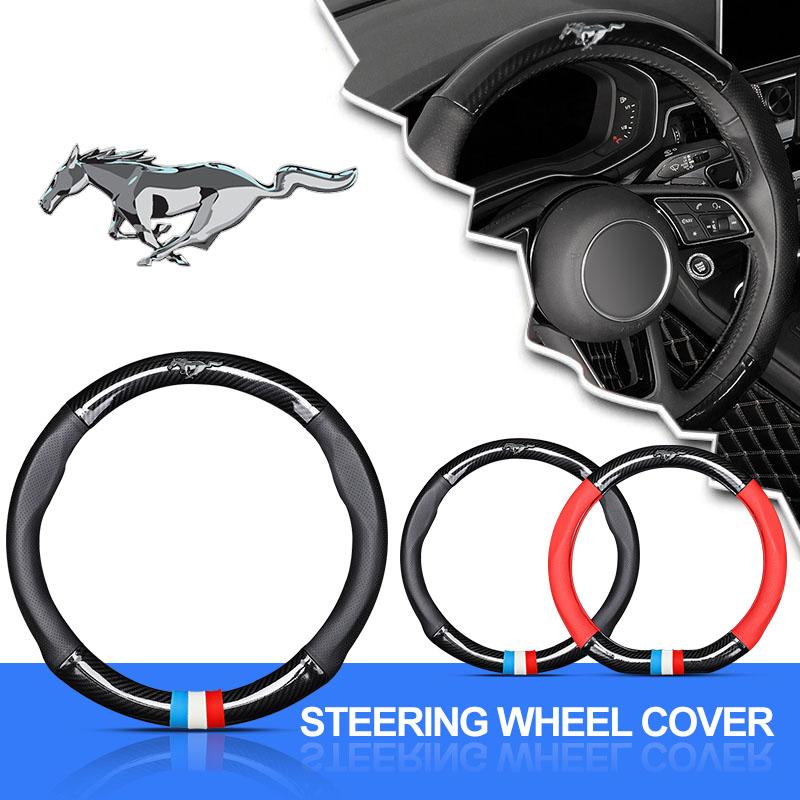 1Pcs Leather Carbon Fiber Car Steering Wheel Cover Emblem For Ford Mustang SHELBY GT 500 350 Convertible V Mach e Rainproof 2015 2017 2018 2021 2022