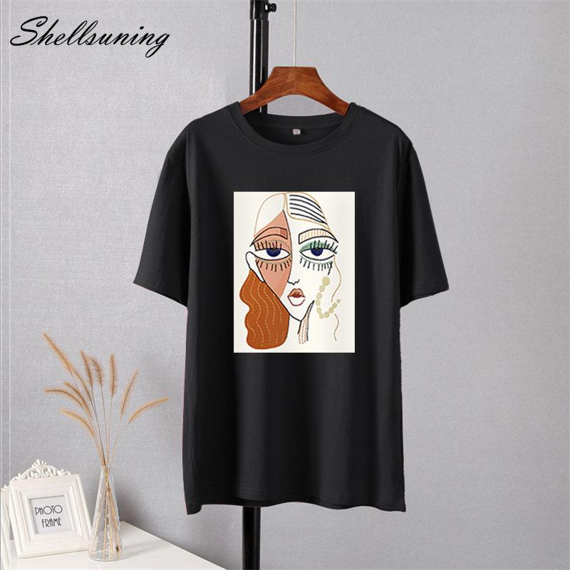 Shellsuning Summer Retro Character Printed T Shirts Women Korean Graphic Trendy Tees Loose Casual Short Sleeve Female Tops