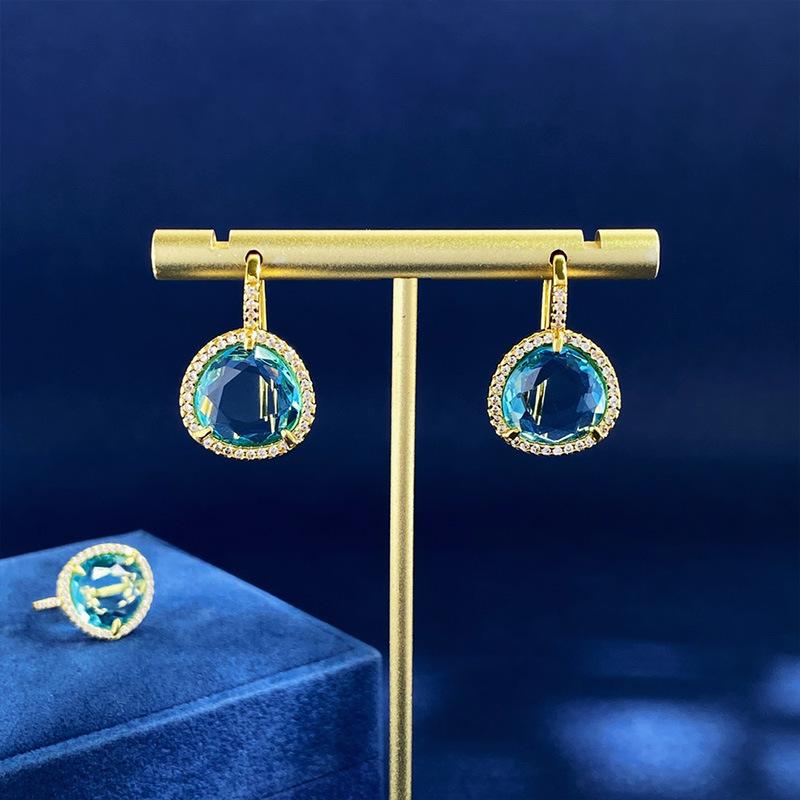 Natural Artificial Crystal Blue Transparent Gemstone Wind Triangle Earrings, Ear Hooks, Fashion Light Luxury Earrings, Women'S Cold Wind