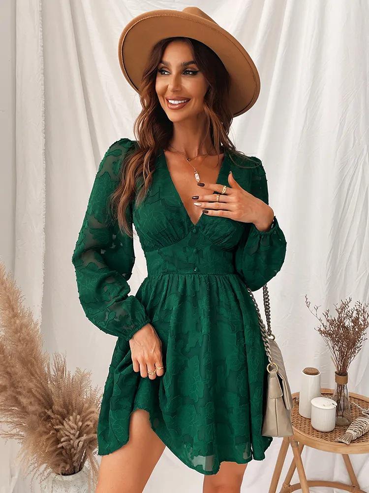Women's Low-Cut A-Line Green Mini Dress with Long Sleeves - Sexy Party Wear for Spring & Autumn 2023.