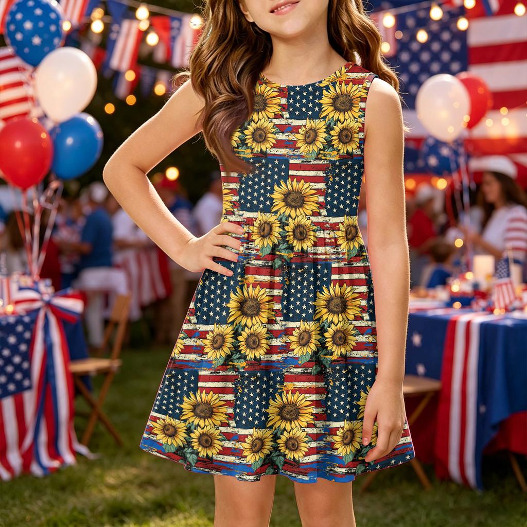 Girls' Summer Princess Dress - A-Line Vest Splice Dress Independence Day