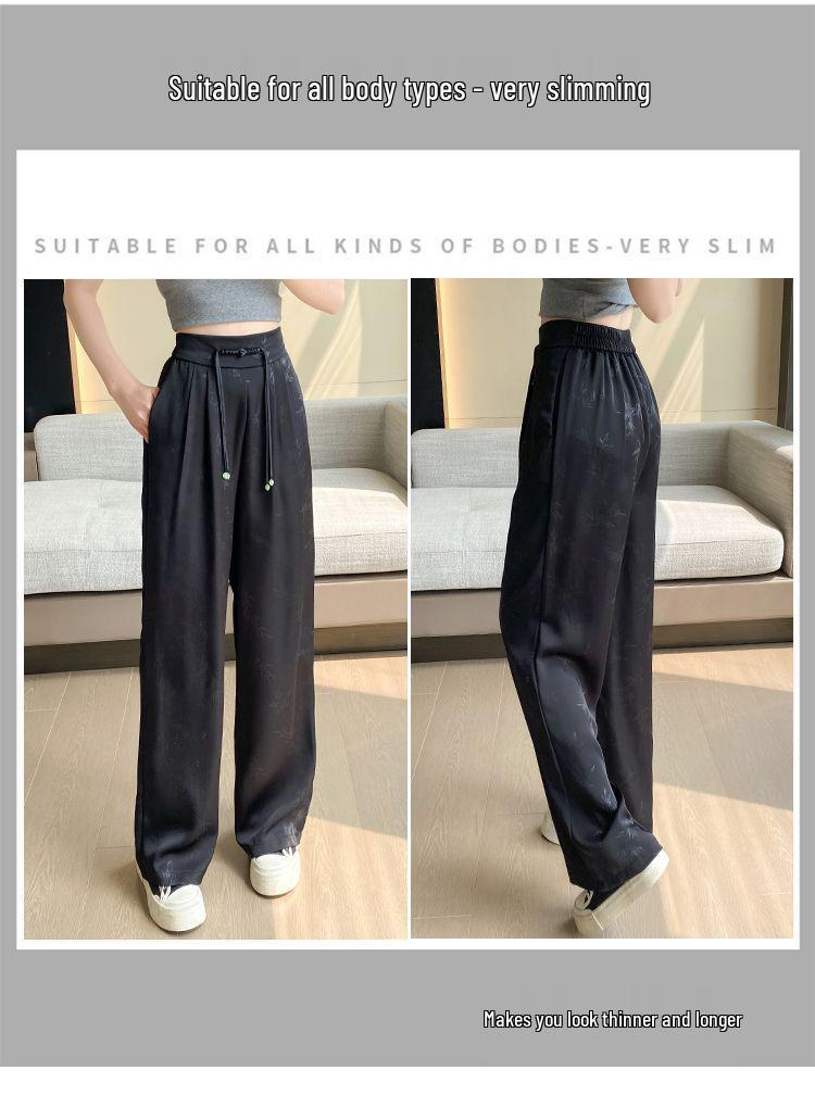 2025 Spring/Summer Women's Jacquard Satin Wide-Leg Pants: High-Waist, Buttoned, Slim-Fit, Casual Trousers.