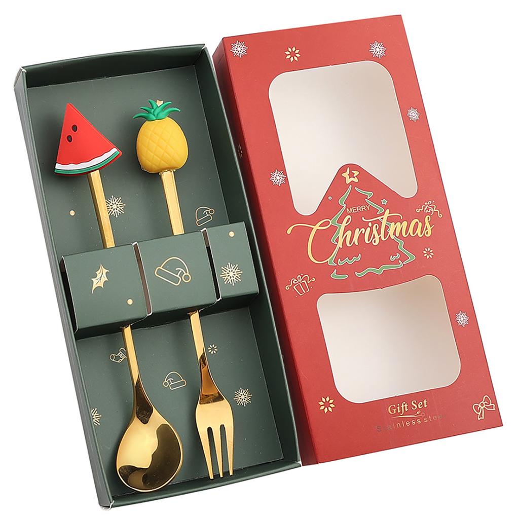 2Pcs Christmas Theme Dinnerware Set with Gift Box Elk Deer Christmas Hat Tree Fork Spoon Cutlery Set Stainless Steel Tableware