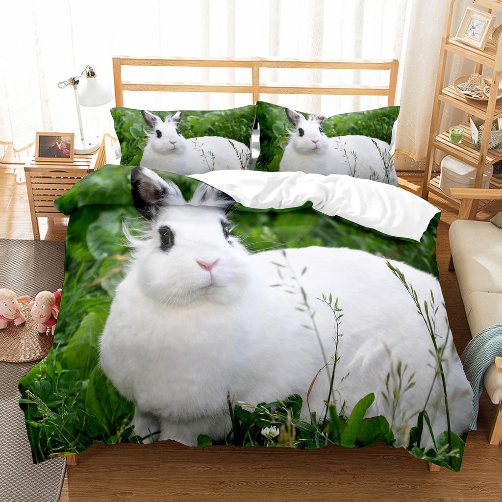 Cute Rabbit Duvet Cover Set Animals Polyester Comforter Cover King Queen Size for Kids Boys Girls Bedding Set with Pillowcase