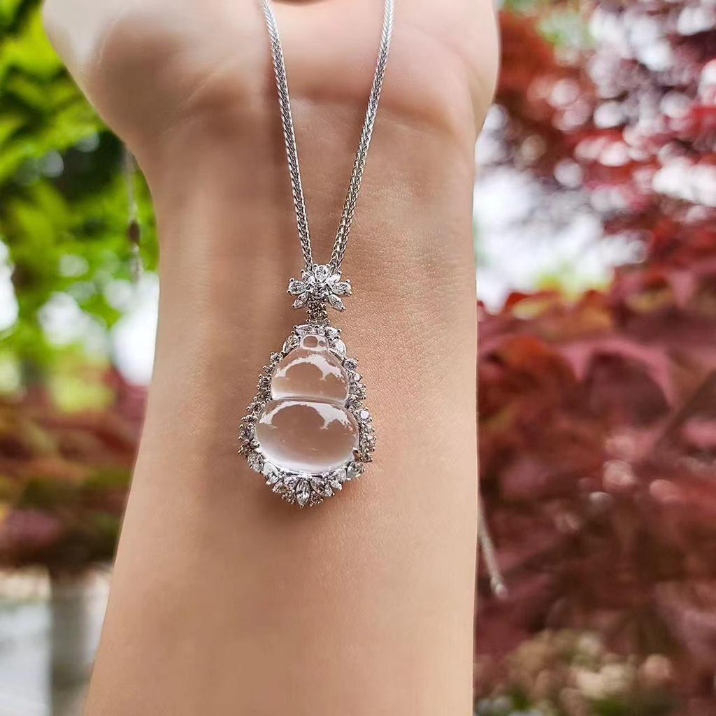 Pure Silver S925 Natural Mizzonite Jade Gourd Pendant Necklace - High Ice Variety for Women, with Chinese Style Fu Lu Charm