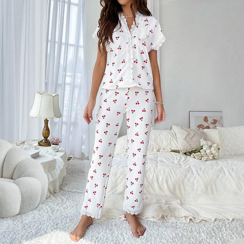 Conjunto de pijama feminino com acabamento em renda, manga curta, blusa com botões na frente e calças compridas, estampa de cereja, 2 peças, roupa de dormir, roupa de dormir, roupa de casa