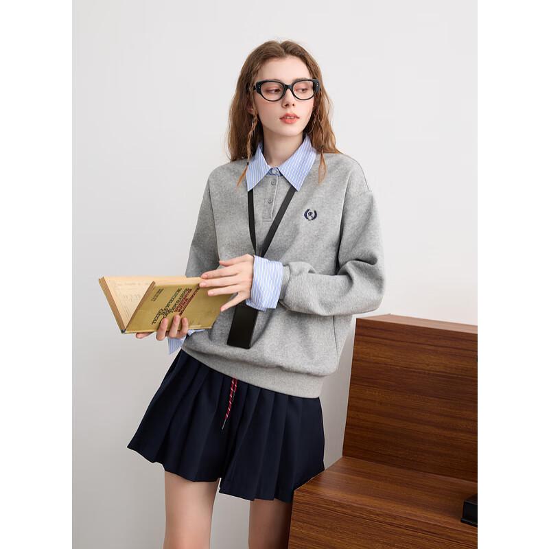 

Sancai Women s Faux Two-Piece Striped Embroidered Fleece Sweatshirt L