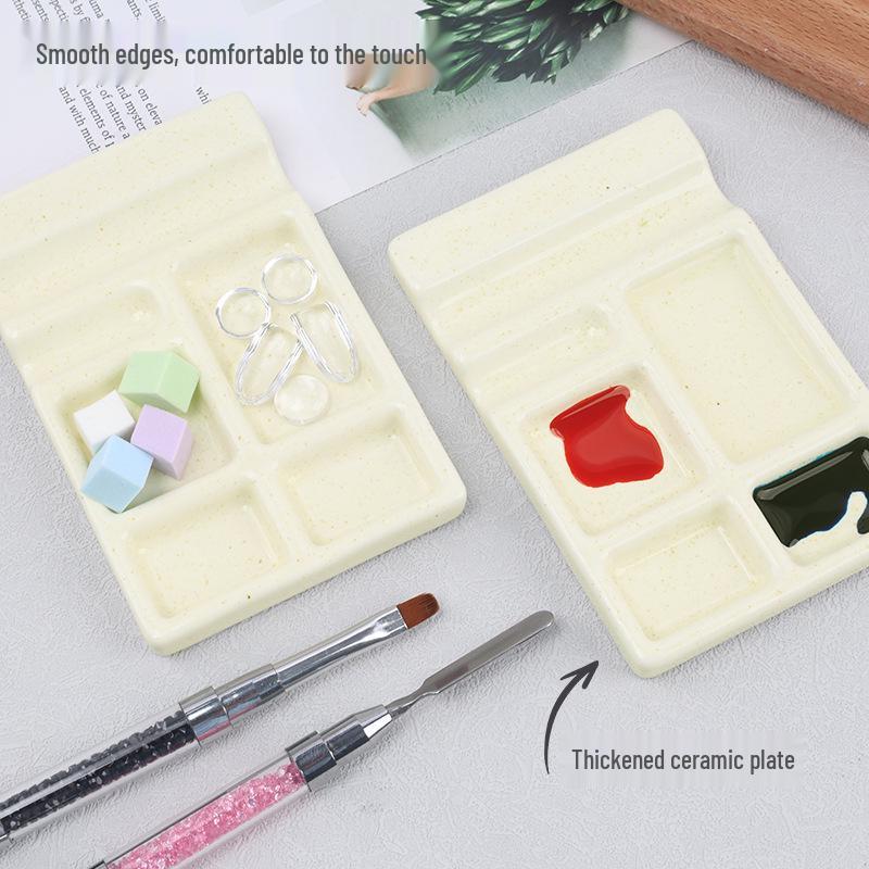 Nail Art Palette with Brush Holder: Multi-functional Ceramic Tool for Polish, Glue, and Watercolor Blending.