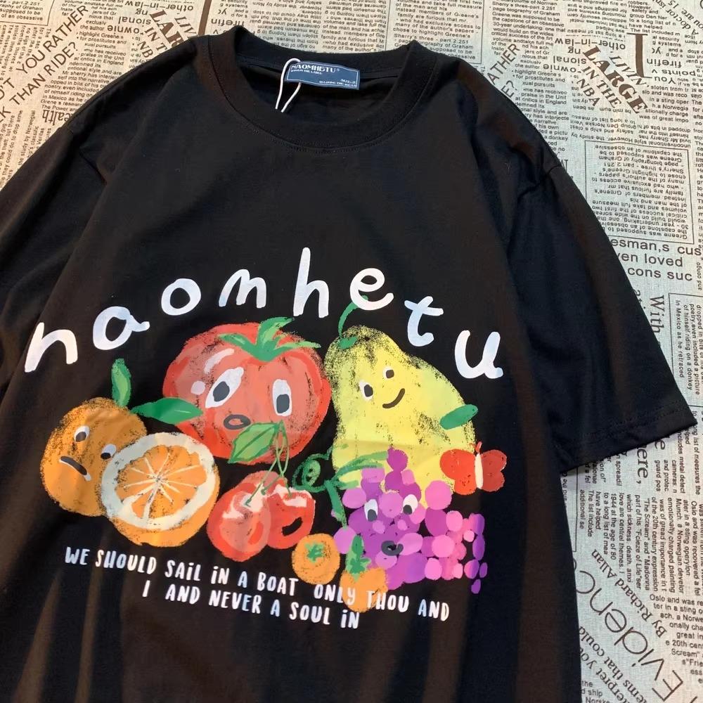 American Retro Fruit Print Round Neck Short Sleeved T-shirt For Men Women Trendy Loose And Versatile Couple Fun Half Sleeved Tee