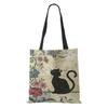Women Handbag Linen Totes with Cat Print Casual Traveling Beach Gift Bags KTY