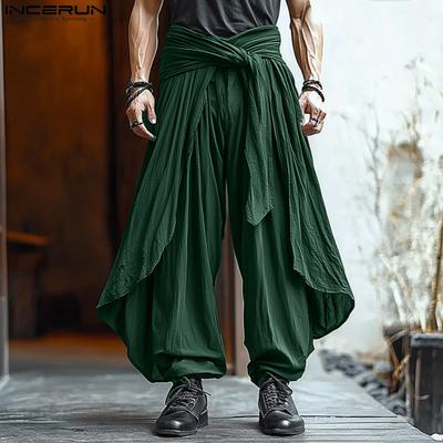 Men Belt Elastic Waist Irregular Layers Casual Long Straight Pants Trousers