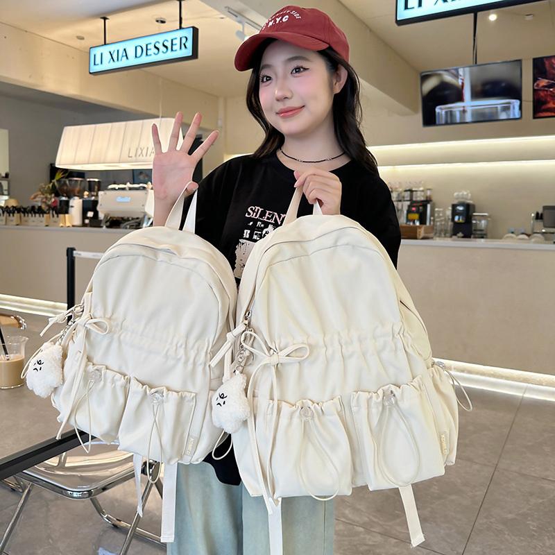 Minimalist Solid Bowknot Students Schoolbag Tutoring Bag Large Capacity Nylon Knapsack Waterproof Outdoor Travel Backpack Tote