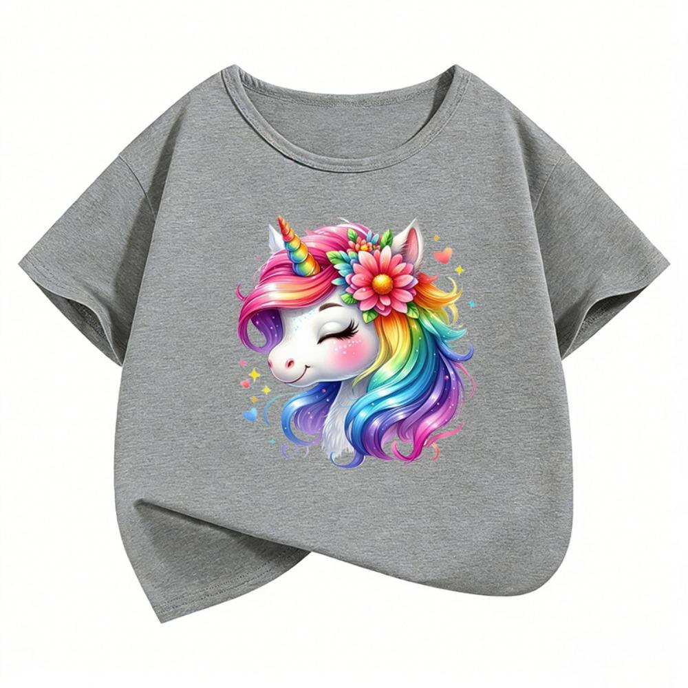 Fashion Horse with Rainbow Design T-Shirt Printed T Shirt Girls' Summer Clothes Short Sleeve Tops T-Shirts Cute Girls Clothing