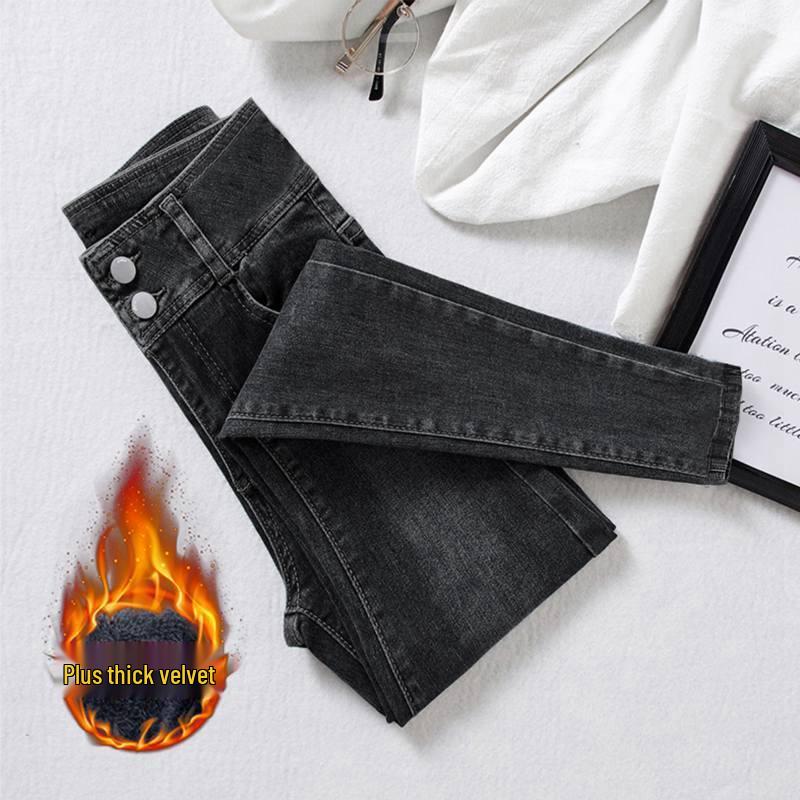 Blue-Gray High-Waisted Skinny Bootcut Jeans for Women: Fleece-Lined, Thickened, Slimming, Tapered Leg – 2022 Autumn/Winter Collection.