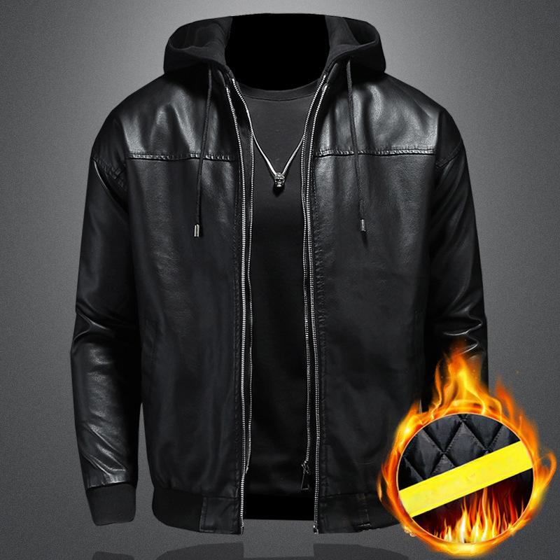 Herren Warme Winter Kapuzenlederjacke Herren Slim Fit Motorrad PU Jacke Herren Mantel Warm Verdicken Biker Lederjacken