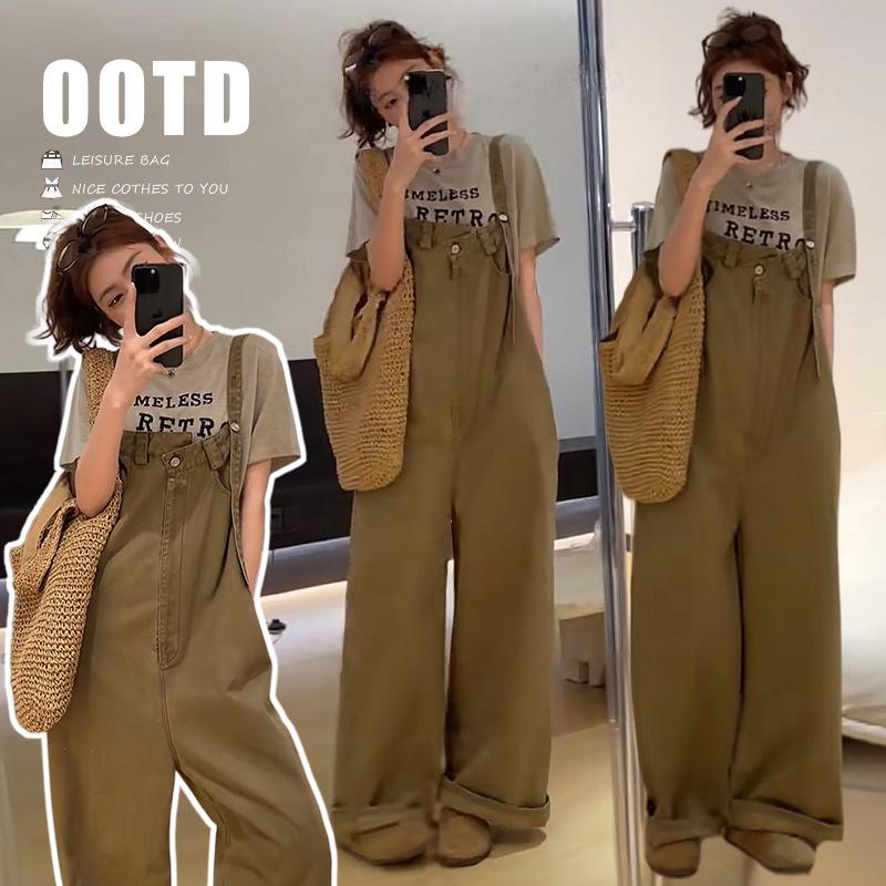 Summer 2026 Maternity Denim Overalls & Letter T-shirt Set: Trendy, Youthful, and Versatile Fashion. XL