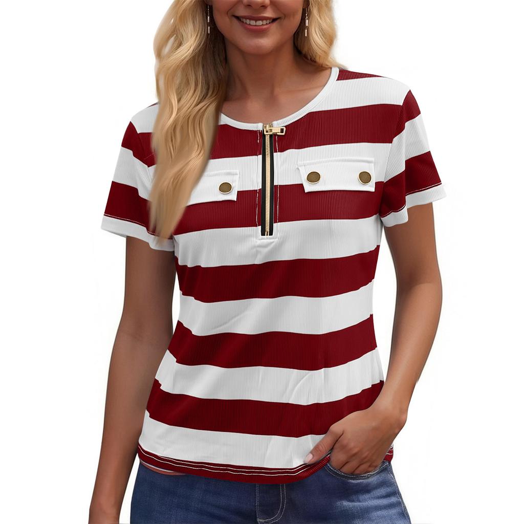 Women's Fashion Color Matching Short Sleeve Round Neck Zipper Top