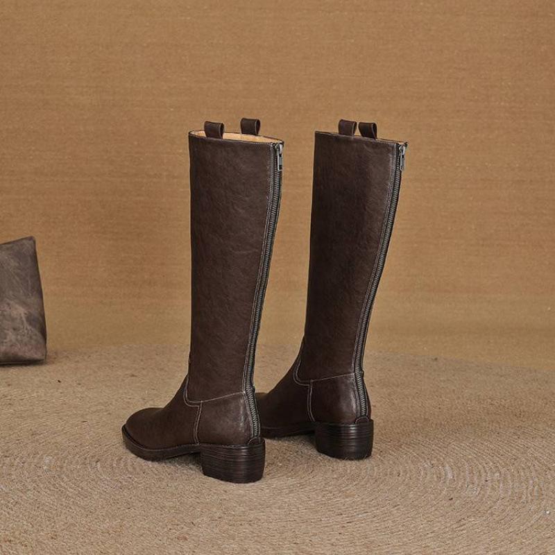 Podzimní a zimní dámské kožené boty z prané hovězí kůže ve velkých velikostech, nové dámské boty na středním podpatku, všestranné boty s kulatou špičkou, zadní zip, vysoké dámské boty