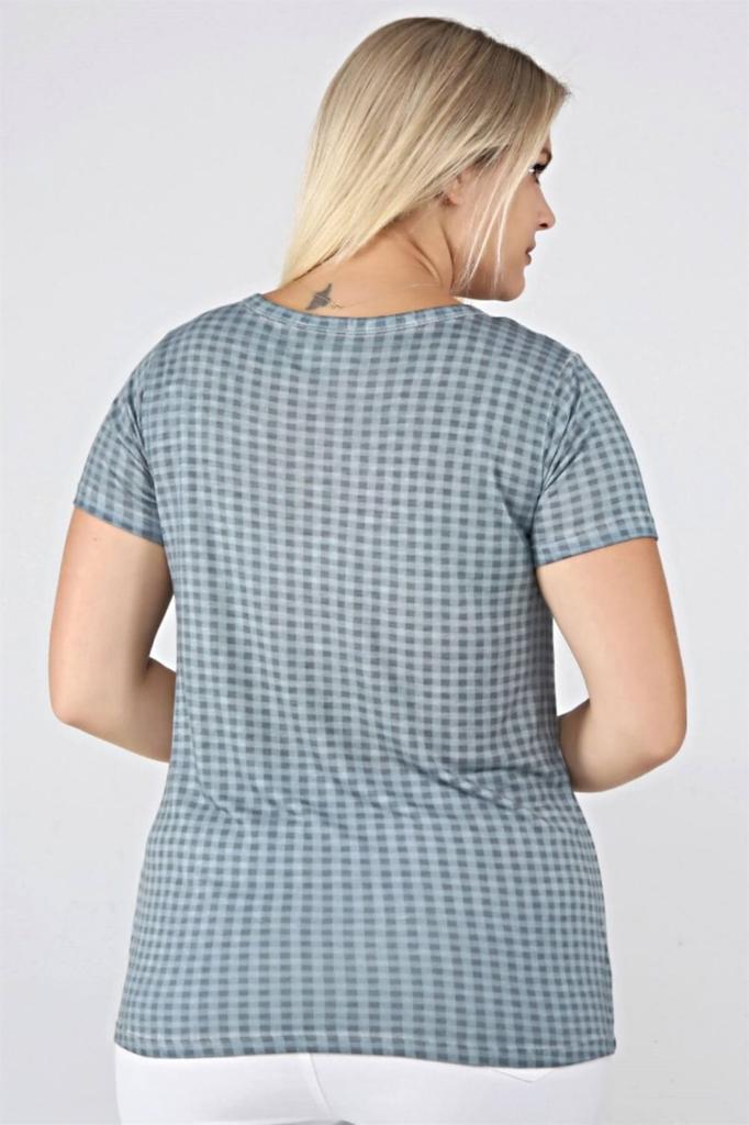 Damen Stil Große Größe T-Shirt Karomuster Ölwaschung Basic T-Shirt-Blau