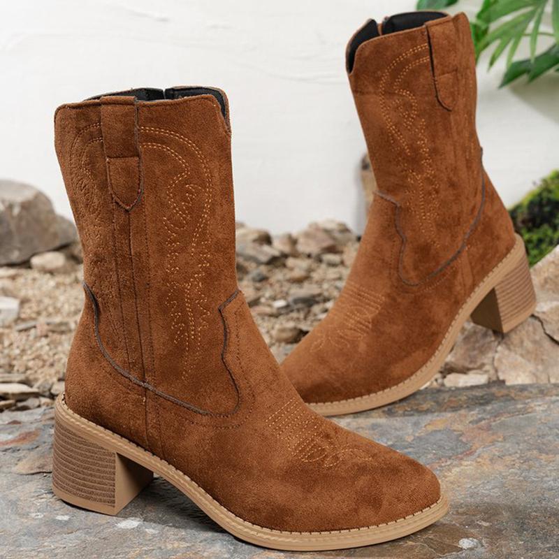 Fashion Retro Dark-Brown Embroidery Ankle Boots for Women Autumn Winter Zip High Heel Women's Boots Comfortable Suede Booties Woman