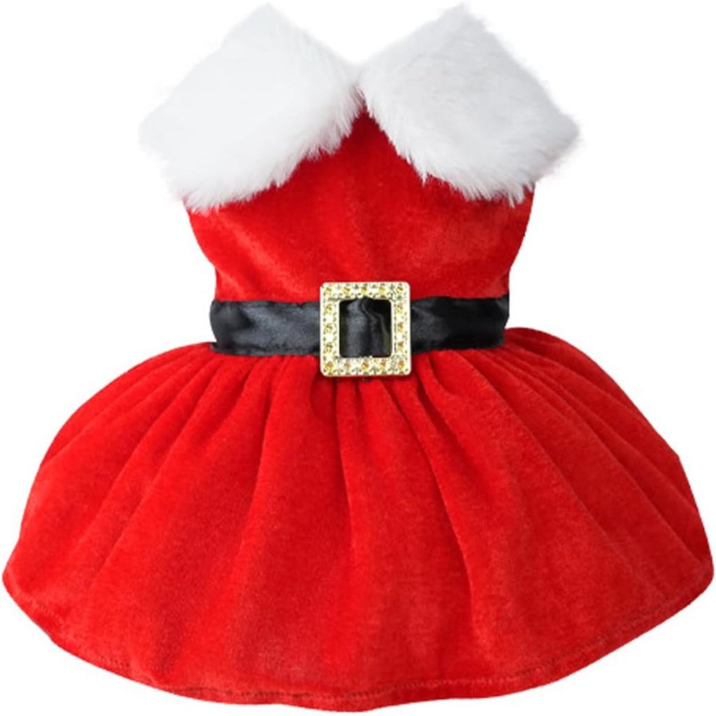 Dog Christmas Costume Puppy Dress, Santa Claus Pet Clothes Velvet Skirt Thermal Shirt Winter Coat Xmas Holiday Apparel Cute Girl Clothing Red
