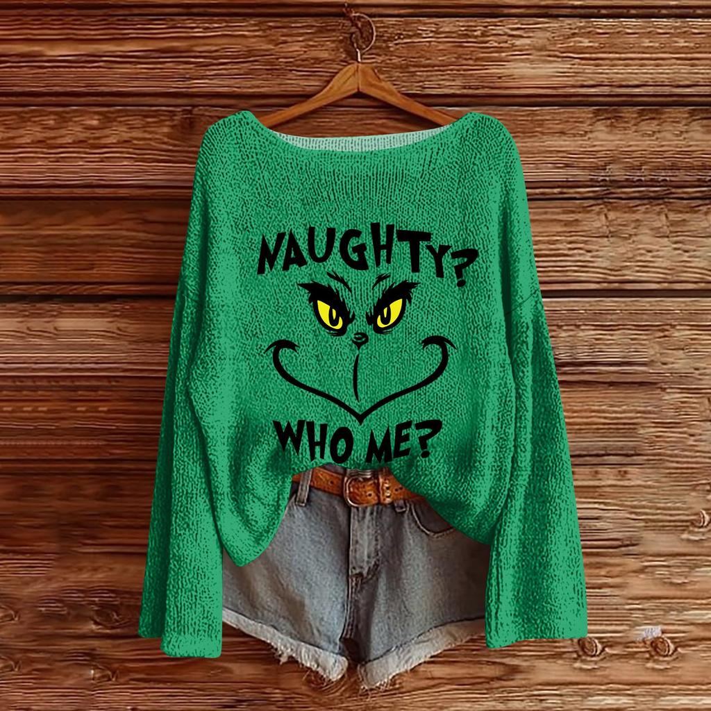 Women's Round Neck Lightweight Sweater Casual Long Sleeve Christmas Print Knit Pullover.