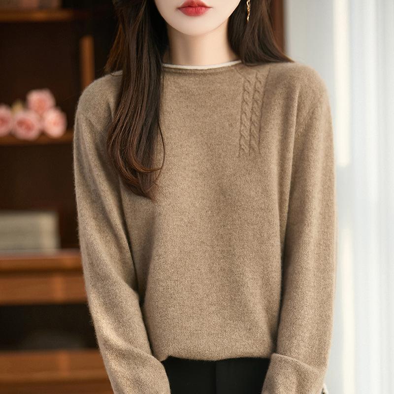Autumn/Winter Pure Wool Cable Knit Double Round Neck Rolled Hem Long Sleeve Color Block Loose Pullover