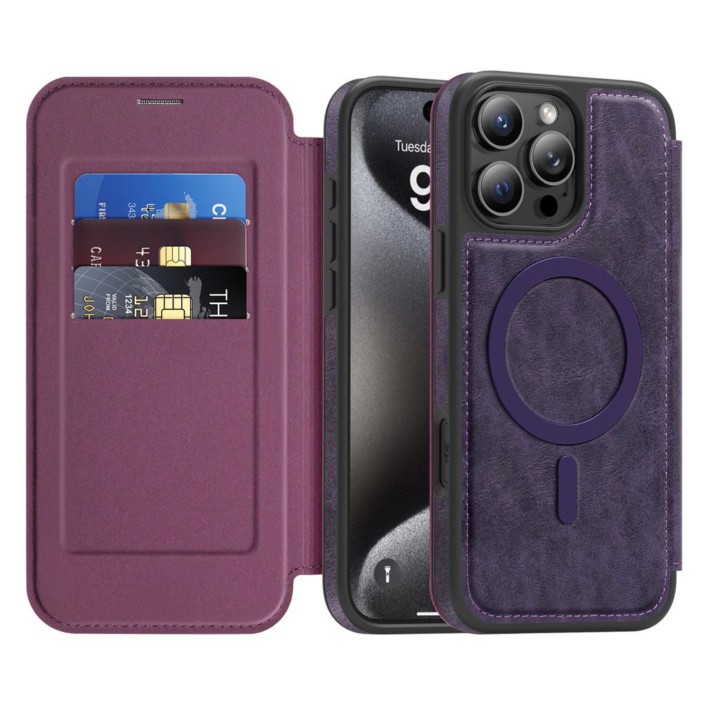 For iPhone 15 Pro Max Case Compatible with MagSafe RFID Blocking Card Holder Leather Phone Cover