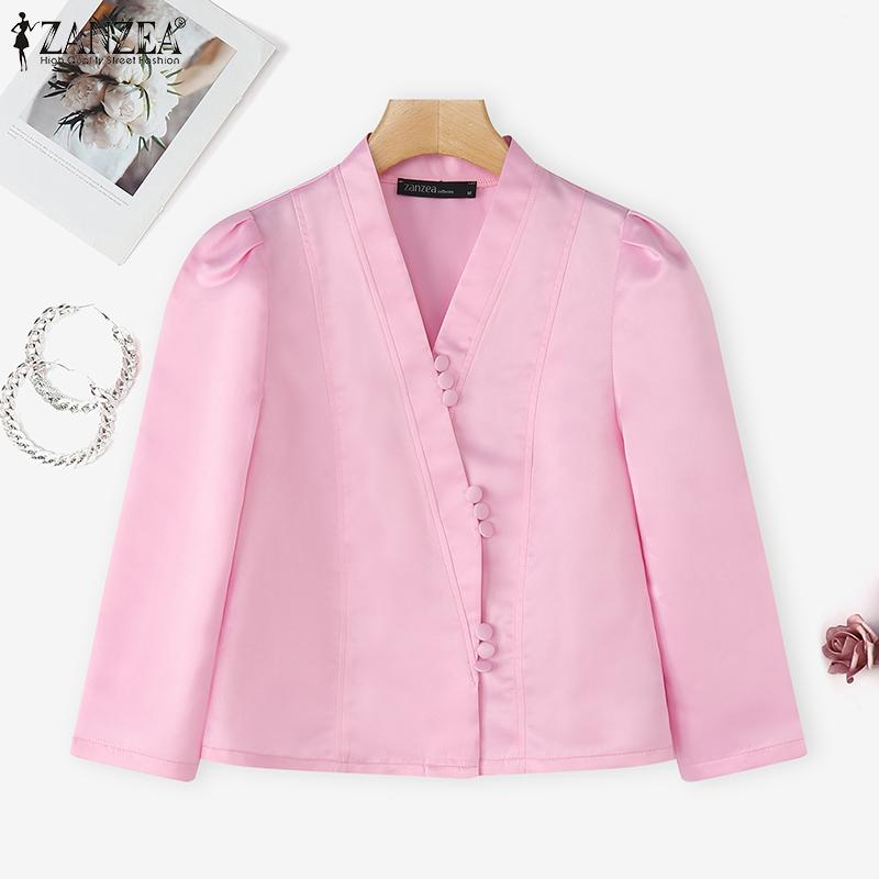 ZANZEA Women Casual V-Neck 3/4 Sleeve Elegant Satin Blouse