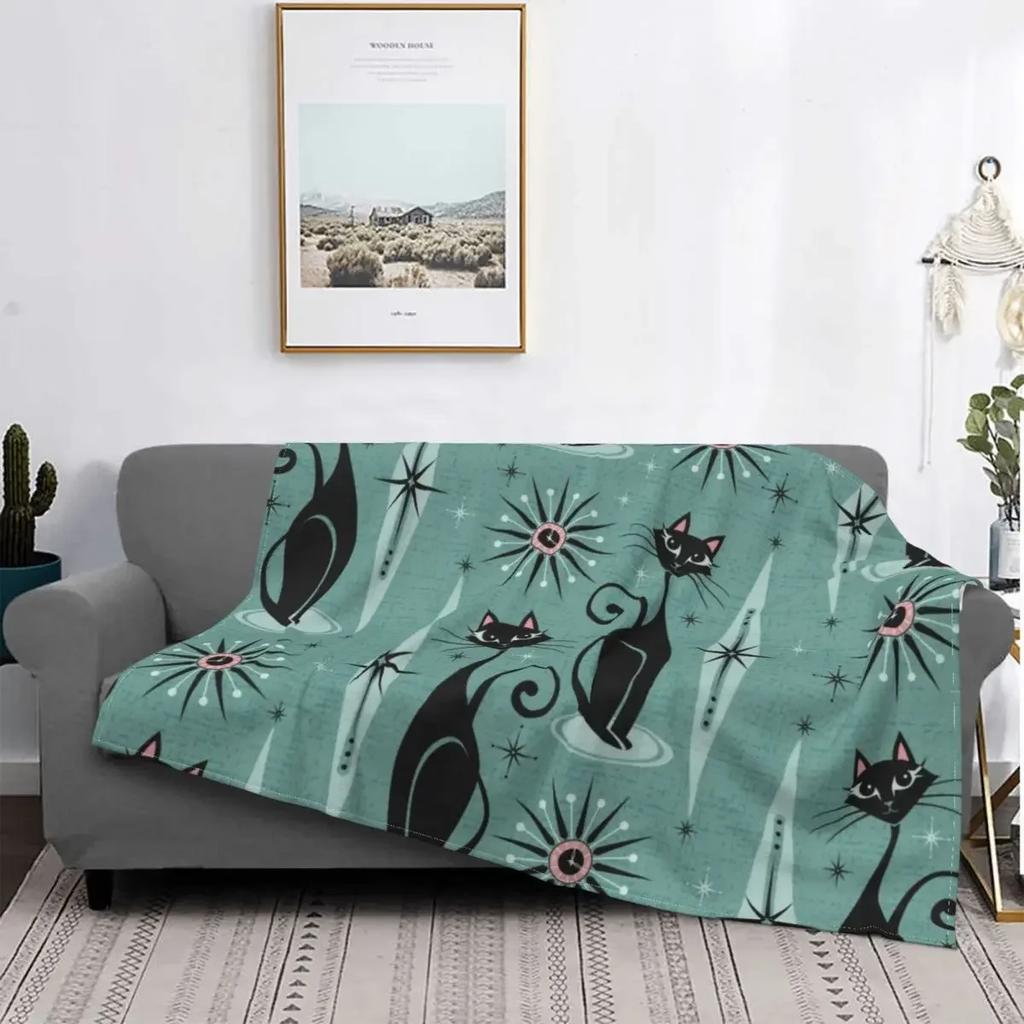 Cute Black Cat Blankets Soft Warm Flannel Mid Century Meow Retro Atomic Kitties Throw Blanket for Bedding Couch Bedspread, Gifts