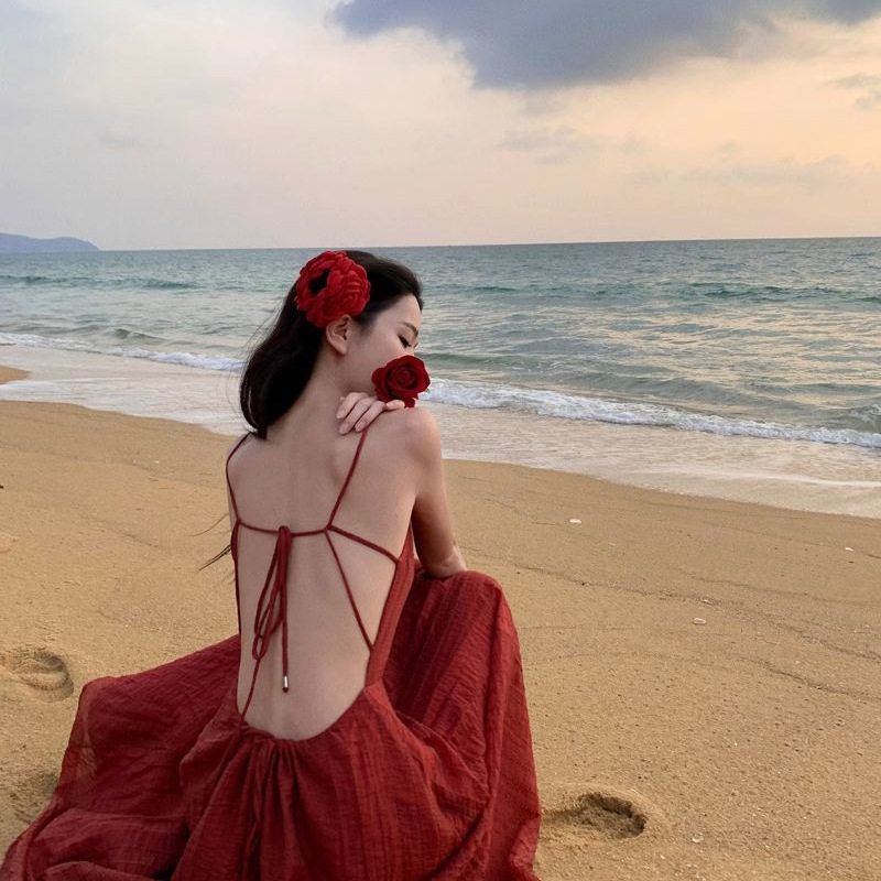 Purely Sexy Sleeveless Backless Vacation Fairy-Style Tie-Up Long Dress for Women, Summer 2025 New Model with Large Hem and Straps